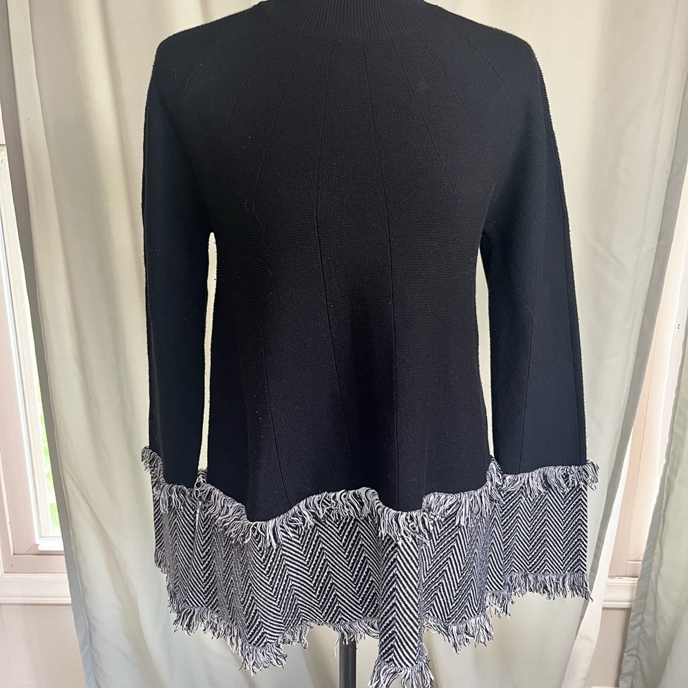 Leo & Ugo Black Sweater with Fringe Hem Mock Neck